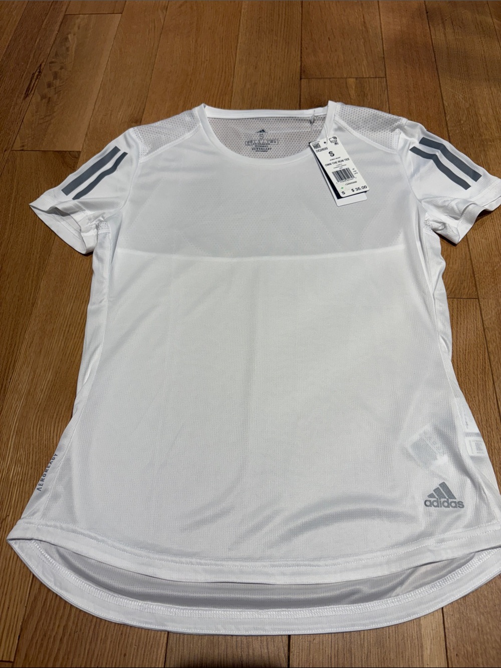 adidas White Short Sleeve Athletic Tee with Gray Stripes